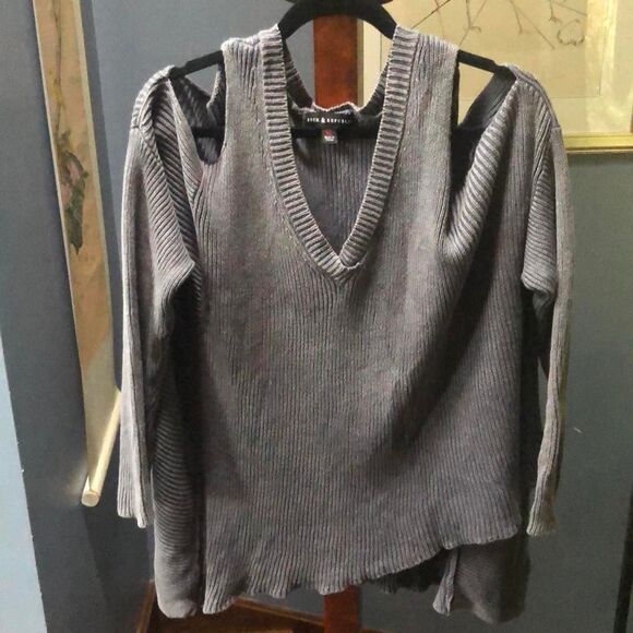 Indie Sleaze Rock & Republic Ribbed Grey Oversized Cold Shoulder Sweater XL - Picture 4 of 9